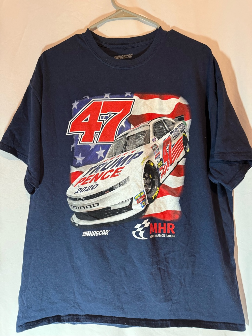 Joe Nemechek #47 Trump Pence 2020 NASCAR MHR Racing T Shirt XL Navy USA